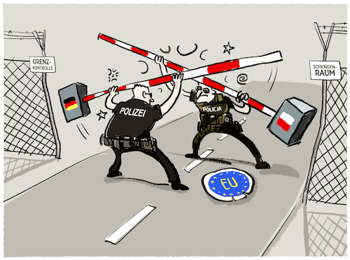 Cartoon: Grenzkontrollen von Nachbarn (medium) by markus-grolik tagged deutschland,merz,migration,polen,tusk,grenzkontrollen,fluechtlinge,schengenraum,dublinverfahren,asyl,einreise,handel,wirtschaft,deutschland,merz,migration,polen,tusk,grenzkontrollen,fluechtlinge,schengenraum,dublinverfahren,asyl,einreise,handel,wirtschaft