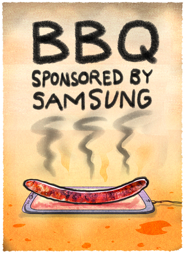 Cartoon: Grillparty (medium) by markus-grolik tagged samsung,akku,note,galaxy,smartphone,explosionsgefahr,korea,apple,bbq,würstchen,technik,würstel,grillwürstel,sommergrolik,samsung,akku,note,galaxy,smartphone,explosionsgefahr,korea,apple,bbq,würstchen,technik,würstel,grillwürstel,sommergrolik