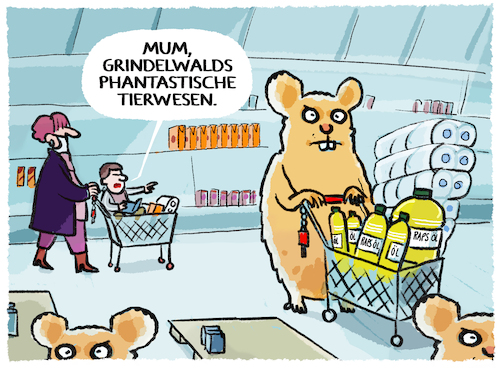 Cartoon: Hamsternde Prepper (medium) by markus-grolik tagged hamstern,deutschland,prepper,discounter,grindelwald,oel,rapsoel,sonnenblumenoel,ukraine,krieg,russland,weizen,supermarkt,versorgungssicherheit,hamstern,deutschland,prepper,discounter,grindelwald,oel,rapsoel,sonnenblumenoel,ukraine,krieg,russland,weizen,supermarkt,versorgungssicherheit