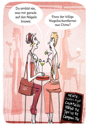 Cartoon: Hauptsache die Chemie stimmt... (medium) by markus-grolik tagged china,billig,chemie,nagellack,schönheit,small,talk,freundinnen,konsum,cocktail,happi,hour,hkommunikation,freizeit,frauen,gender,grolik,cartoon,lokal,barhocker,allergie,gesprächsallergie