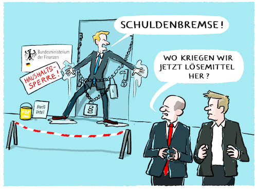 Cartoon: Haushaltssperre.. (medium) by markus-grolik tagged haushaltssperre,schuldenbremse,deutschland,finanzen,finanzminister,fdp,ampel,bverfg,urteil,habeck,scholz,ktf,schulden,fonds,haushaltssperre,schuldenbremse,deutschland,finanzen,finanzminister,fdp,ampel,bverfg,urteil,habeck,scholz,ktf,schulden,fonds