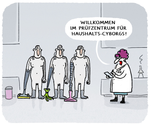 Cartoon: Innovationssprung... (medium) by markus-grolik tagged hi,tech,cyborg,haushalt,alltag,technik,innovation,kueche,bad,ki,roboter,bot,pruefzentrum,aufraeumen,tüv,labor,mann,frau,hi,tech,cyborg,haushalt,alltag,technik,innovation,kueche,bad,ki,roboter,bot,pruefzentrum,aufraeumen,tüv,labor,mann,frau