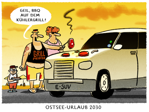 Cartoon: Klimaferien daheim... (medium) by markus-grolik tagged klimawandel,duerre,hitze,hitzewelle,klima,deutschland,urlaub,tourismus,kuehlergrill,bbq,fleischkonsum,konsum,suv,auto,elektroauto,statussymbol,klimawandel,duerre,hitze,hitzewelle,klima,deutschland,urlaub,tourismus,kuehlergrill,bbq,fleischkonsum,konsum,suv,auto,elektroauto,statussymbol