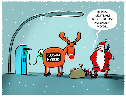 Cartoon: Klimaziel Mobilität (medium) by markus-grolik tagged klimaneutralitaet,verkehr,klimaziele,hybrid,elektro,mobilitaet,strom,weihnachten,transport,geschenke,lieferdienst,weihnachtsgeschenk,konsum,weihnachtsmann,rentier,klimaneutralitaet,verkehr,klimaziele,hybrid,elektro,mobilitaet,strom,weihnachten,transport,geschenke,lieferdienst,weihnachtsgeschenk,konsum,weihnachtsmann,rentier