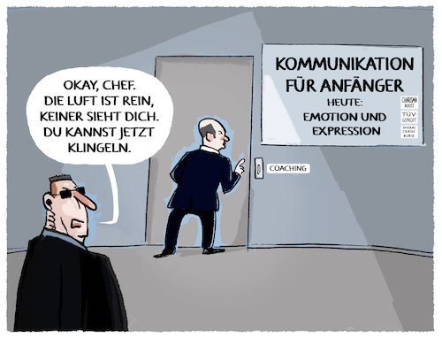 Cartoon: Kommunikationstraining (medium) by markus-grolik tagged olaf,scholz,kommunikation,deutschland,spd,ampel,kanzler,charisma,umfragewerte,eotion,rethorik,zoegern,zaudern,ansprache,rede,coaching,olaf,scholz,kommunikation,deutschland,spd,ampel,kanzler,charisma,umfragewerte,eotion,rethorik,zoegern,zaudern,ansprache,rede,coaching