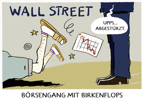 Cartoon: Kurseinbruch bei Birkenstock (medium) by markus-grolik tagged birkenstock,aktie,boerse,wall,street,frankfurt,deutschland,kurs,kurseinbruch,boersenparkett,birkenstock,aktie,boerse,wall,street,frankfurt,deutschland,kurs,kurseinbruch,boersenparkett