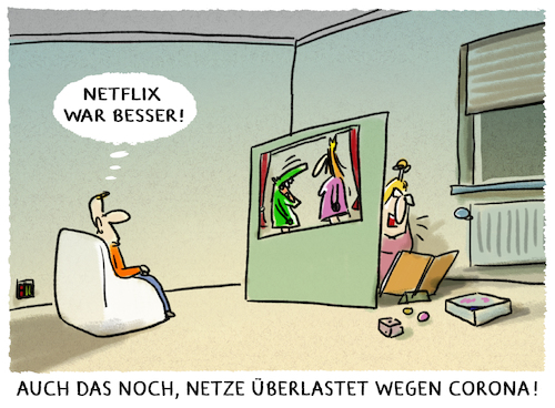 Cartoon: Lock-down... (medium) by markus-grolik tagged netflix,streaming,ausgangssperre,corona,netzausfall,internet,netzueberlastung,home,social,distancing,netflix,streaming,ausgangssperre,corona,netzausfall,internet,netzueberlastung,home,social,distancing