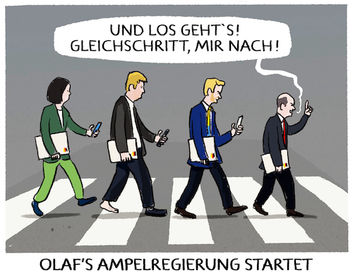 Cartoon: Losampeln... (medium) by markus-grolik tagged zebrastreifen,gleichschritt,scholz,lindner,habeck,baerbock,anfuehren,ampelregierung,start,spd,ampel,koalitionsvertrag,fdp,gruene,zebrastreifen,gleichschritt,scholz,lindner,habeck,baerbock,anfuehren,ampelregierung,start,spd,ampel,koalitionsvertrag,fdp,gruene