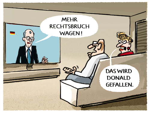 Cartoon: Merz ignoriert Rechtssprechung (medium) by markus-grolik tagged grenzkontrollen,zurueckweisungen,dublin,verordnung,asyl,deutschland,eu,europa,bundespolizei,ausnahmezustand,abschieben,merz,notstand,grenzkontrollen,zurueckweisungen,dublin,verordnung,asyl,deutschland,eu,europa,bundespolizei,ausnahmezustand,abschieben,merz,notstand