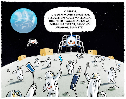 Cartoon: Mondtourismus (medium) by markus-grolik tagged mond,weltall,tourismus,amazon,jeff,bezos,menschheit,massentourismus,universum,planeten,erde,umweltzerstoerung,mond,weltall,tourismus,amazon,jeff,bezos,menschheit,massentourismus,universum,planeten,erde,umweltzerstoerung