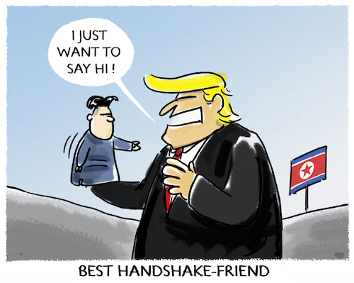 Cartoon: Nordkoreabesuch (medium) by markus-grolik tagged nordkorea,donald,trump,kim,jong,un,usa,china,handshake,historisch,nordkorea,donald,trump,kim,jong,un,usa,china,handshake,historisch