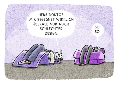 Cartoon: ...nur nicht irremachen lassen (medium) by markus-grolik tagged design,oder,nicht,sein,gestaltung,ästetik,oberfläche,psychologe,farbtherapie,therapeut,sofa,couch,sigmund,freud,enkel,cartoon,grolikfreud