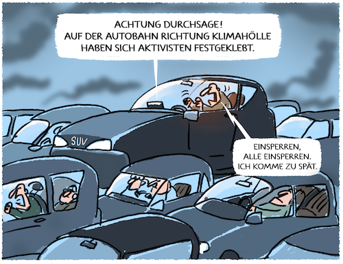 Cartoon: On the highway to hell.. (medium) by markus-grolik tagged stau,autobahn,klimakrise,klimaprotest,klimakleber,autofahrer,suv,verspaetung,protest,mobilitaet,verkehr,stau,autobahn,klimakrise,klimaprotest,klimakleber,autofahrer,suv,verspaetung,protest,mobilitaet,verkehr