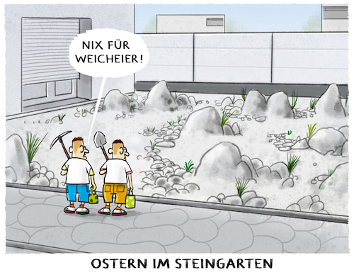 Cartoon: Osteridylle... (medium) by markus-grolik tagged mensch,natur,artensterben,steingarten,neubau,garten,ostern,weicheier,eier,ostereisuche,deutschland,feiertage,kirche,wohnen,familie,vorortgarten,mensch,natur,artensterben,steingarten,neubau,garten,ostern,weicheier,eier,ostereisuche,deutschland,feiertage,kirche,wohnen,familie,vorortgarten