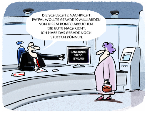 Cartoon: Paypalpanne (medium) by markus-grolik tagged paypalpanne,banken,geldverkehr,lastschriften,datenkonten,paypal,service,milliarden,abbuchungen,usa,peter,thiel,bezahlservice,paypalpanne,banken,geldverkehr,lastschriften,datenkonten,paypal,service,milliarden,abbuchungen,usa,peter,thiel,bezahlservice
