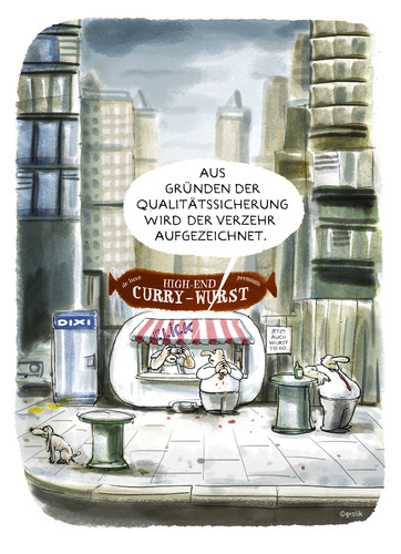 Cartoon: Premium optimiert. (medium) by markus-grolik tagged wurst,qualitätssicherung,qualtität,verbraucher,fast,food,geschmack,essen,curry,de,luxe,luxus,normal,normalität,ketschup,cartoon,grolik