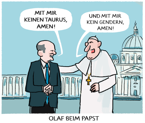 Cartoon: Privataudienz im Vatikan (medium) by markus-grolik tagged scholz,olaf,papst,franziskus,vatikan,ukraine,krieg,taurus,waffen,werte,haltung,einstellung,strategie,gendern,menschenbild,katholiken,kirche,bischoefe,synodaler,weg,scholz,olaf,papst,franziskus,vatikan,ukraine,krieg,taurus,waffen,werte,haltung,einstellung,strategie,gendern,menschenbild,katholiken,kirche,bischoefe,synodaler,weg