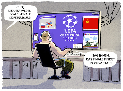 Cartoon: Putin-CL-Finale (medium) by markus-grolik tagged uefa,russland,moskau,putin,champions,league,finale,austragungsort,sankt,petersburg,sport,politik,ukraine,kiew,invasion,kalter,krieg,fussball,fifa,korruption,uefa,russland,moskau,putin,champions,league,finale,austragungsort,sankt,petersburg,sport,politik,ukraine,kiew,invasion,kalter,krieg,fussball,fifa,korruption