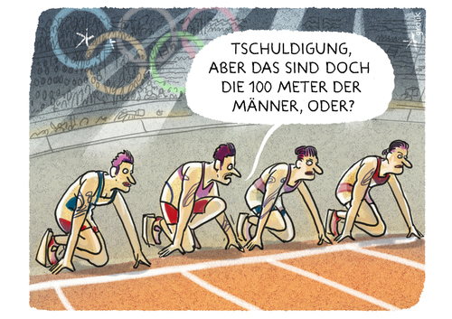 Cartoon: ...Qualifikationslauf... (medium) by markus-grolik tagged gender,geschlecht,sport,mann,frau,männer,frauen,doping,hormone,schweden,herren,damen,olympia,leichtathletik,endausscheidung,grolikendspurt,gender,geschlecht,sport,mann,frau,männer,frauen,doping,hormone,schweden,herren,damen,olympia,leichtathletik,endausscheidung,grolikendspurt