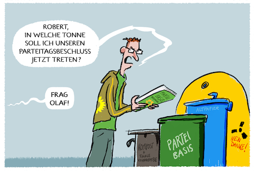 Cartoon: Richtlinienkompetenz (medium) by markus-grolik tagged gruene,parteitagsbeschluss,parteibasis,habeck,ampel,akw,laufzeiten,scholz,energiekrise,strompreise,atomstrom,fdp,emsland,isar,gruene,parteitagsbeschluss,parteibasis,habeck,ampel,akw,laufzeiten,scholz,energiekrise,strompreise,atomstrom,fdp,emsland,isar