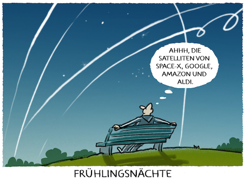 Cartoon: Satelliten (medium) by markus-grolik tagged fruehlingsnaechte,klar,klare,sicht,google,amazon,aldi,mann,park,parkbank,aussicht,lichtverschmutzung,nacht,nachthimmel,sterne,spacex,elon,musk,fruehlingsnaechte,klar,klare,sicht,google,amazon,aldi,mann,park,parkbank,aussicht,lichtverschmutzung,nacht,nachthimmel,sterne,spacex,elon,musk