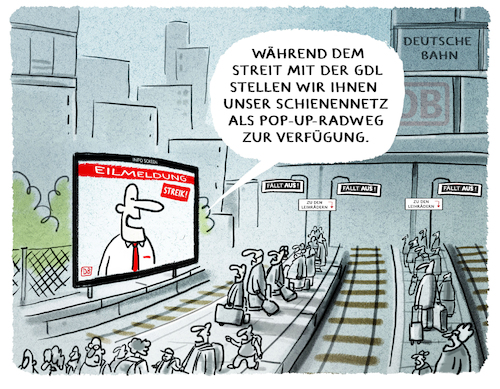 Cartoon: Schienenersatzverkehr (medium) by markus-grolik tagged gdl,deutsche,bahn,schienenverkehr,bahnkunden,popupradweg,verkehrswende,sev,schienenersatzverkehr,fluege,busse,gdl,deutsche,bahn,schienenverkehr,bahnkunden,popupradweg,verkehrswende,sev,schienenersatzverkehr,fluege,busse