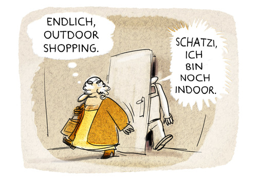 Cartoon: Shopping Queen (medium) by markus-grolik tagged konsum,freizeit,hobby,langeweile,geld,kredit,shoppen,einzelhandel,soppoing,mall,mode,mann,frau,drinnen,konsumrausch,sucht,draußen,in,der,freien,wildbahn,cartoon,grolik