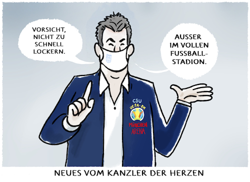 Cartoon: Söder warnt... (medium) by markus-grolik tagged kanzler,der,herzen,pandemie,söder,csu,lockerungen,corona,uefa,fussball,münchen,bayern,kanzler,der,herzen,pandemie,söder,csu,lockerungen,corona,uefa,fussball,münchen,bayern