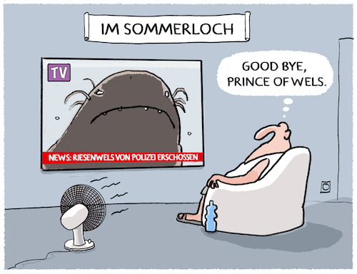 Cartoon: Sommerloch und Hitzewelle... (medium) by markus-grolik tagged sommerloch,zeitung,internet,meme,hitzewelle,nachrichten,hitze,tv,news,badesee,polizei,riesenwels,wels,wortspiel,prince,of,wales,sommerpause,medien,sommerloch,zeitung,internet,meme,hitzewelle,nachrichten,hitze,tv,news,badesee,polizei,riesenwels,wels,wortspiel,prince,of,wales,sommerpause,medien