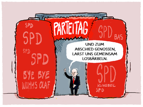 Cartoon: SPD-Parteitag... (medium) by markus-grolik tagged parteitag,exkanzler,scholz,verabschiedung,baerbel,bas,finanzminister,lars,klingbeil,parteivorsitz,abstimmung,vizekanzler,arteitag,spd,partei,umfrage,umfragewerte,parteitag,exkanzler,scholz,verabschiedung,baerbel,bas,finanzminister,lars,klingbeil,parteivorsitz,abstimmung,vizekanzler,arteitag,spd,partei,umfrage,umfragewerte
