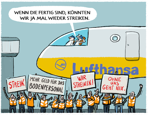 Cartoon: Streik... (medium) by markus-grolik tagged lufthansa,verdi,bodenpersonal,flughafen,piloten,gewerkswchaft,streik,airport,deutschland,reisen,lufthansa,verdi,bodenpersonal,flughafen,piloten,gewerkswchaft,streik,airport,deutschland,reisen