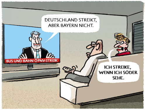 Cartoon: Streik im Nahverkehr (medium) by markus-grolik tagged oepnv,streik,bus,bahn,deutschland,bayern,tarifabschluesse,tarife,gewerkschaften,verdi,busfahrer,nahverkehr,soeder,oepnv,streik,bus,bahn,deutschland,bayern,tarifabschluesse,tarife,gewerkschaften,verdi,busfahrer,nahverkehr,soeder