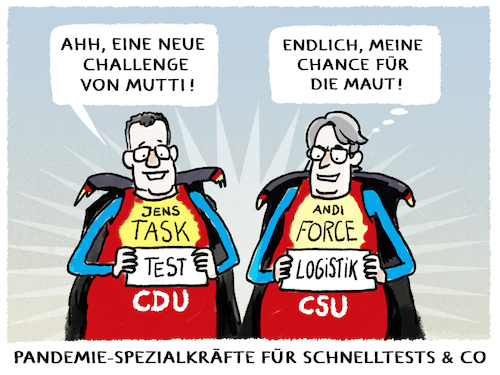 Cartoon: Taskforce Testlogistik (medium) by markus-grolik tagged spahn,scheuer,test,pandemie,taskforce,schnelltests,corona,merkel,testlogistik,spahn,scheuer,test,pandemie,taskforce,schnelltests,corona,merkel,testlogistik