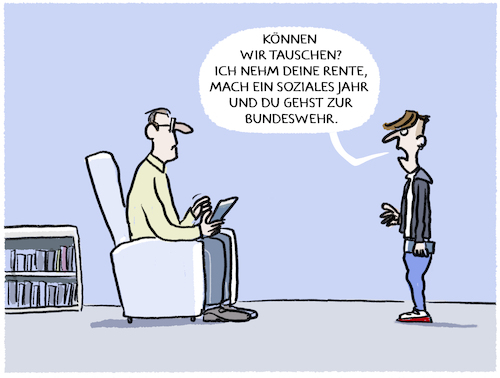 Cartoon: Tauschen... (medium) by markus-grolik tagged generationen,deutschland,rente,rentner,bunderswehr,jugend,alter,senioren,boomer,pflicht,staat,soziales,jahr,fratscher,pflichtjahr,generation,sozial,generationen,deutschland,rente,rentner,bunderswehr,jugend,alter,senioren,boomer,pflicht,staat,soziales,jahr,fratscher,pflichtjahr,generation,sozial