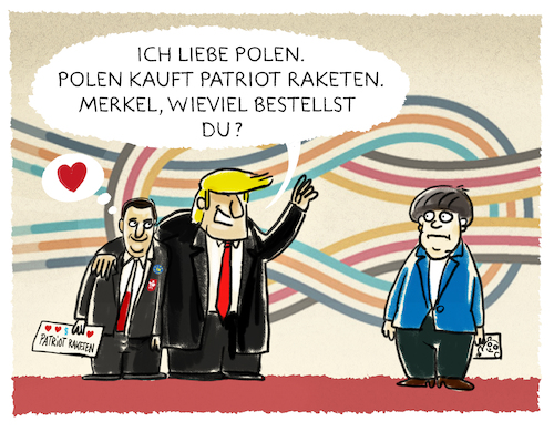 Cartoon: Trump sales.. (medium) by markus-grolik tagged polen,europa,g20,trump,rüstung,deal,nato,deutschland,merkel,usa,krieg,militär,wirtschaftarmee,polen,europa,g20,trump,rüstung,deal,nato,deutschland,merkel,usa,krieg,militär,wirtschaftarmee