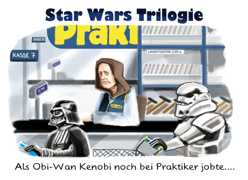 Cartoon: Unknown bonus material (medium) by markus-grolik tagged krieg,der,sterne,star,wars,fan,fans,jedi,ritter,darth,vader,baumarkt,kasse,vergangenheit,grolik,cartoon,science,fiction,kino,universum,episoden,dvd