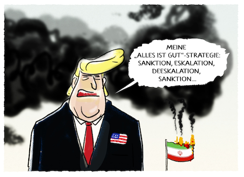 Cartoon: US-Iranpolitik (medium) by markus-grolik tagged iran,atomabkommen,usa,trump,teheran,nahost,syrien,washington,sanktion,eskalation,deeskalation,wiederholungen,angriffe,raketen,drohnenangriff,kriegsgefahr,iran,atomabkommen,usa,trump,teheran,nahost,syrien,washington,sanktion,eskalation,deeskalation,wiederholungen,angriffe,raketen,drohnenangriff,kriegsgefahr