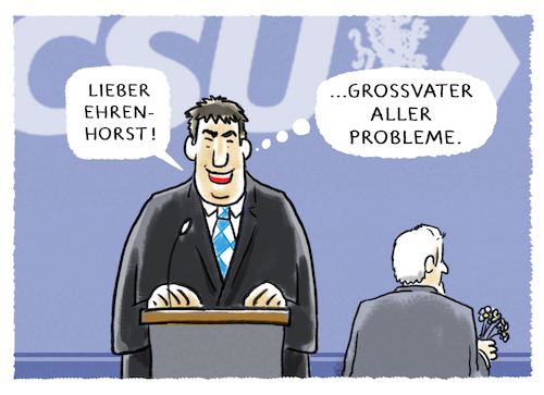 Cartoon: ..Verabschiedung.. (medium) by markus-grolik tagged söder,markus,csu,horst,seehofer,parteivorsitz,ehrenvorsitzender,watschnbaum,bayern,cdu,union,akk,merkel,innenminister,groko,söder,markus,csu,horst,seehofer,parteivorsitz,ehrenvorsitzender,watschnbaum,bayern,cdu,union,akk,merkel,innenminister,groko