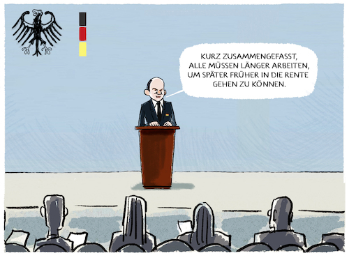 Cartoon: Viel länger facharbeiten... (medium) by markus-grolik tagged scholz,rente,rentensystem,ampel,spd,deutschland,babyboomer,rentenzahler,arbeit,arbeitnehmer,steuern,rentner,lebensarbeitszeit,scholz,rente,rentensystem,ampel,spd,deutschland,babyboomer,rentenzahler,arbeit,arbeitnehmer,steuern,rentner,lebensarbeitszeit