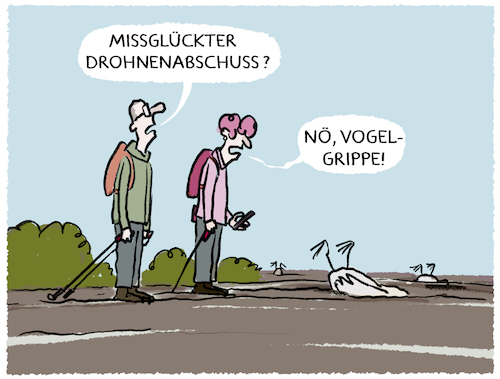 Cartoon: Vogelgrippe breitet sich aus... (medium) by markus-grolik tagged vogelgrippe,ausbreitung,gefluegel,keulung,epidemie,natur,bedrohung,drohne,drohnenabschuss,vogelgrippe,ausbreitung,gefluegel,keulung,epidemie,natur,bedrohung,drohne,drohnenabschuss