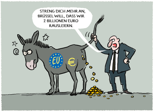 Cartoon: Von der Leyens EU-Haushalt (medium) by markus-grolik tagged waffen,ruestung,verteidigung,aufruestung,trump,europa,usa,nato,von,der,leyen,bruessel,haushaltsforderung,billionen,euro,waffen,ruestung,verteidigung,aufruestung,trump,europa,usa,nato,von,der,leyen,bruessel,haushaltsforderung,billionen,euro