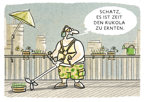 Cartoon: Vorfrühling.... (medium) by markus-grolik tagged mode,vergetarier,vegetarisch,gemuese,mild,winter,klimawandel,werkzeug,garten,mann,baumarkt,heimwerker,rukola,vorfrühling,salatmode,salat,salatanbau,cartoon,grolik