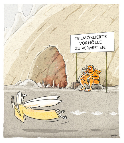 Cartoon: Vorhölle zu vermieten (medium) by markus-grolik tagged hölle,mietverhältnis,mieter,mieten,miethai,teufel,fegefeuer,leben,tod,messi