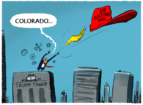 Cartoon: Vorwahlen in Colorado ohne Trump (medium) by markus-grolik tagged colorado,denver,vorwahlen,wahlliste,us,wahl,2024,trump,biden,washington,usa,präsident,anklage,demokratie,steuerhinterziehung,justiz,belästigung,supreme,court,republikaner,demokraten,colorado,denver,vorwahlen,wahlliste,us,wahl,2024,trump,biden,washington,usa,präsident,anklage,demokratie,steuerhinterziehung,justiz,belästigung,supreme,court,republikaner,demokraten