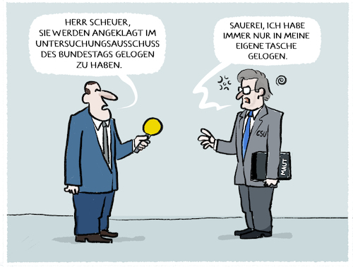 Cartoon: Wegen Falschaussage angeklagt (medium) by markus-grolik tagged verkehrsminister,pkw,maut,untersuchungsausschuss,mautbetreiber,millionenschaden,steuergeld,scheuer,csu,verkehr,deutschland,verkehrsminister,pkw,maut,untersuchungsausschuss,mautbetreiber,millionenschaden,steuergeld,scheuer,csu,verkehr,deutschland