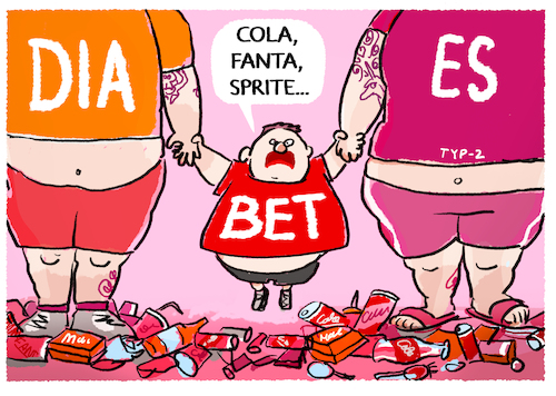 Cartoon: Weltzuckertag (medium) by markus-grolik tagged adipositas,blutzucker,cola,fanta,sprite,softdrinks,zuckersteuer,zuckerreduktion,deutschland,getraenkeindustrie,lebensmittel,muesli,schokolade,zucker,diabetes,typ,konsum,suessigkeiten,adipositas,blutzucker,cola,fanta,sprite,softdrinks,zuckersteuer,zuckerreduktion,deutschland,getraenkeindustrie,lebensmittel,muesli,schokolade,zucker,diabetes,typ,konsum,suessigkeiten