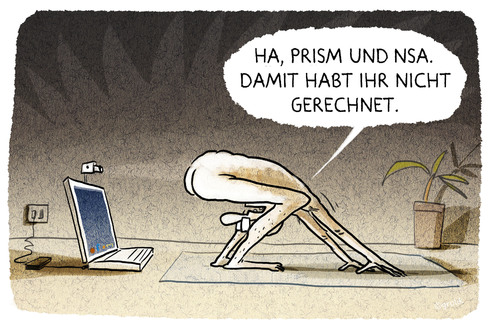 Cartoon: Widerstand mit Yoga (medium) by markus-grolik tagged nsa,prism,überwachung,yoga,ohnmacht,daten,ausspähen,weiterleiten,analyisieren,usa,facebook,microsoft,cartoon,grolik
