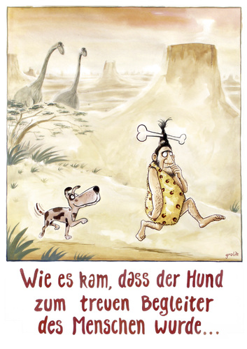 Cartoon: Wie es kam dass der Hund..... (medium) by markus-grolik tagged hund,steinzeit,knochen,dinosurier,abendstimmung,vulkan,neandertaler,homo,sapiens,hundefutter,evolution,beziehung,mensch,futterneid,schmuck,erde,urzeit,biotierfutter