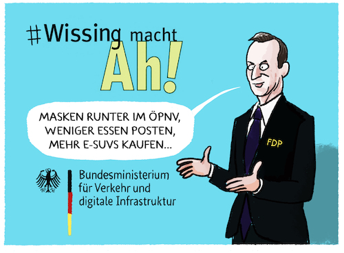 Cartoon: Wissings Verkehrswende (medium) by markus-grolik tagged verkehrswende,wissing,verkehrsminister,ampel,fdp,elektroautos,verkehr,oepnv,masken,corona,deutschland,pendler,verkehrswende,wissing,verkehrsminister,ampel,fdp,elektroautos,verkehr,oepnv,masken,corona,deutschland,pendler