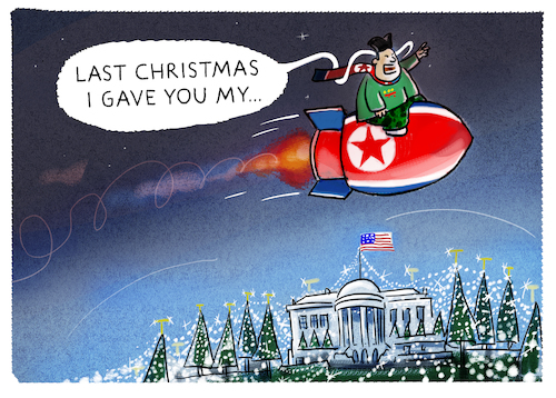 Cartoon: ...X-mas.. (medium) by markus-grolik tagged nordkorea,konflikt,usa,trump,pjöng,jang,kim,jong,un,donald,raketentest,rakte,interkontinentalrakete,raketenmann,weihnachten,weltfrieden,wasserstoffbombe,bombe,nordkorea,konflikt,usa,trump,pjöng,jang,kim,jong,un,donald,raketentest,rakte,interkontinentalrakete,raketenmann,weihnachten,weltfrieden,wasserstoffbombe,bombe